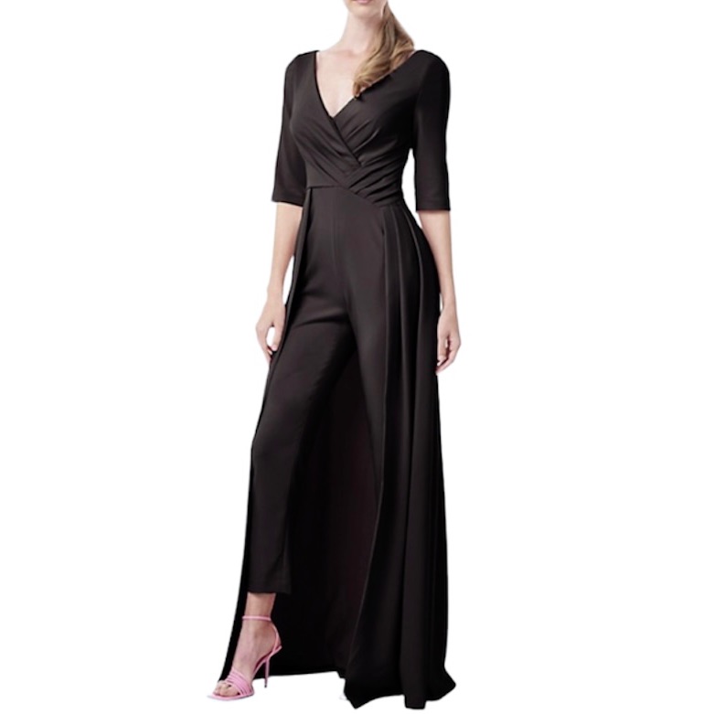 Kay Unger Daphne Pleated Crepe Walk Thru Overlay Jumpsuit New Black Size 12